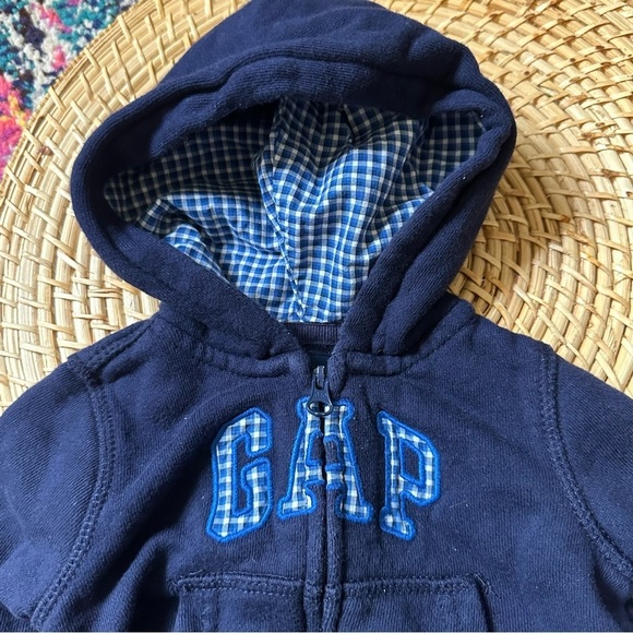 Gap Zip Front Gingham Logo Hooded Sweatshirt Blue 3-6 Months - Picture 2 of 4